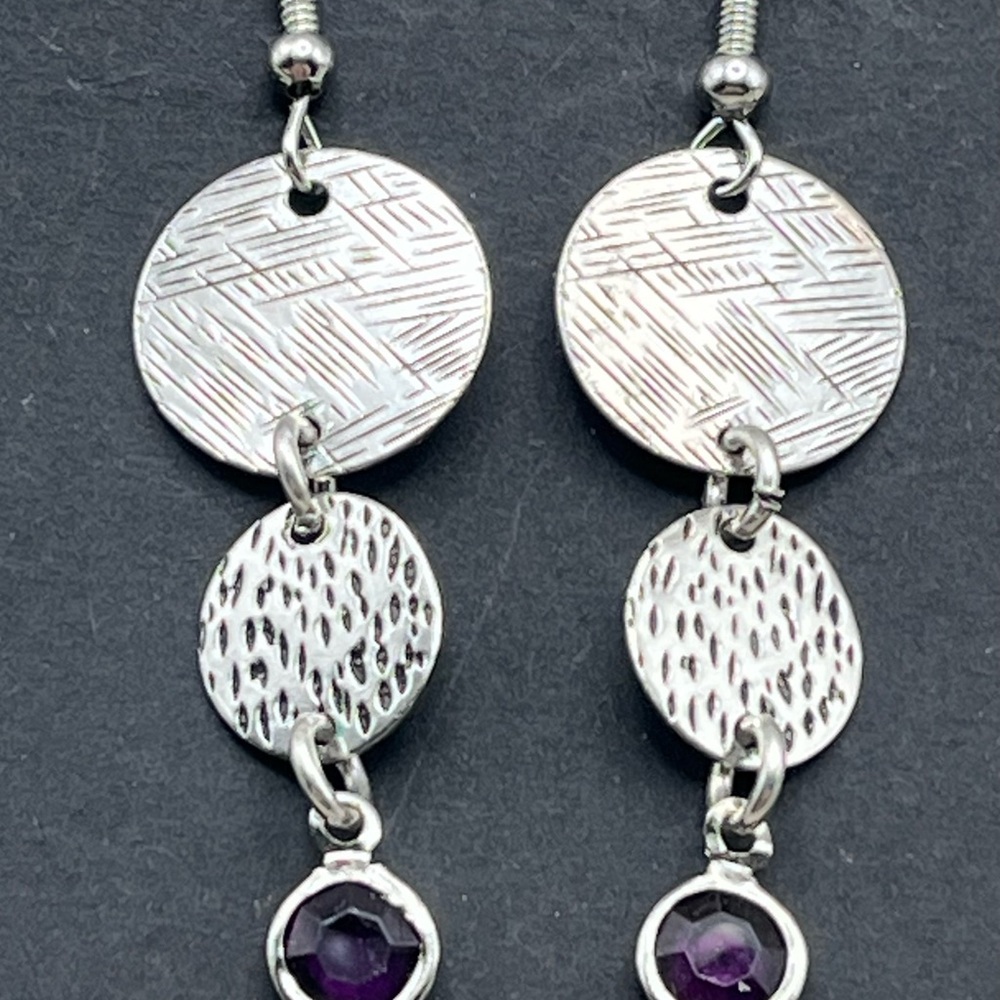 Silver Tone and Purple Amethyst Triple Disc Dangle Earrings Luxury Statement